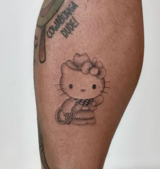 Grey Shaded Hello Kitty as Cow Girl Crossover Tattoo