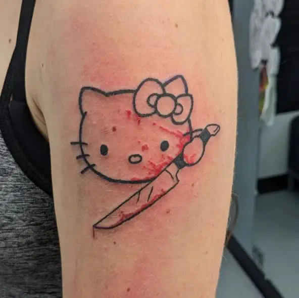 Bloody Hello Kitty with Knife Arm Crossover Tattoo