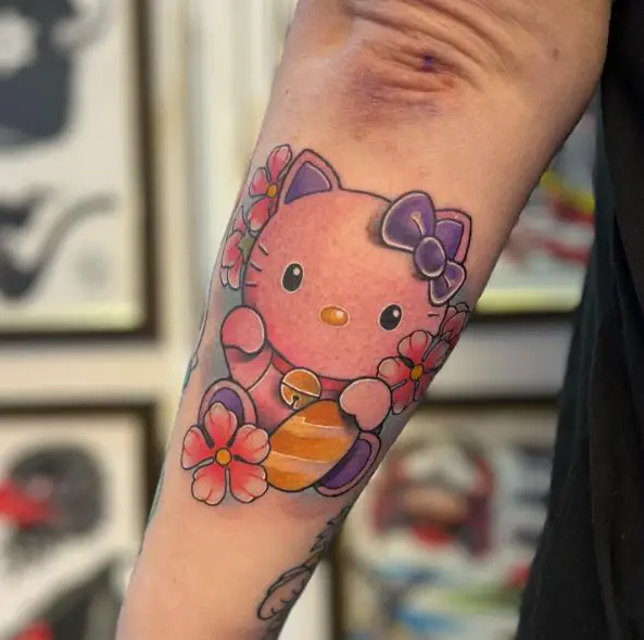Colorful Hello Kitty with Flowers Forearm Crossover Tattoo