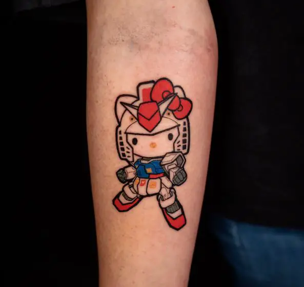 Colorful Hello Kitty as Gundam Crossover Forearm Tattoo