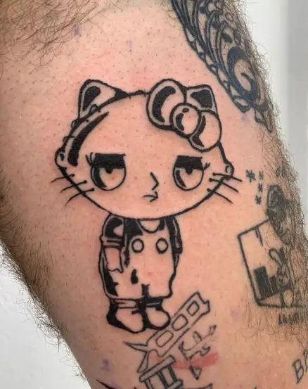 Black and Grey Hello Kitty as Stewie Griffin Crossover Thigh Tattoo