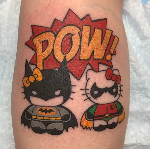 Colorful Hello Kitty and Mimmy as Batman and Robin Crossover Forearm Tattoo