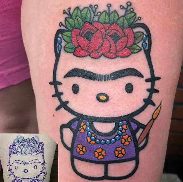 Colorful Hello Kitty as Frida Crossover Arm Tattoo