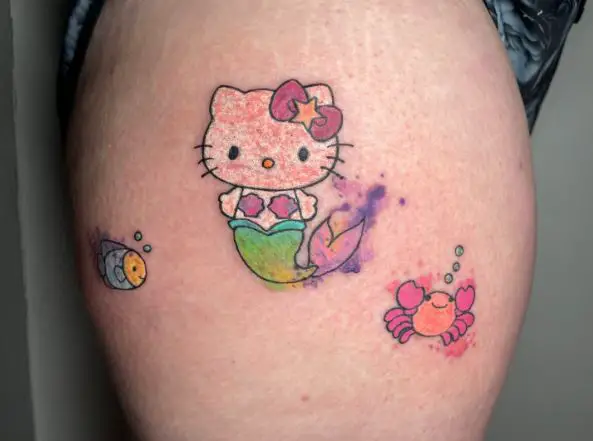 Colorful Hello Kitty as Little Mermaid Crossover Tattoo