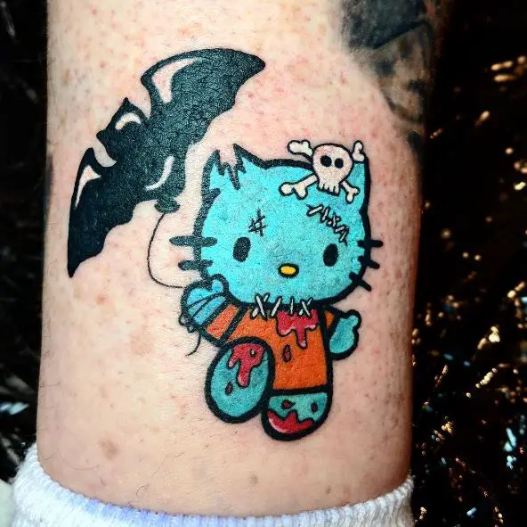 Colorful Hello Kitty as Halloween Zombie Crossover Ankle Tattoo