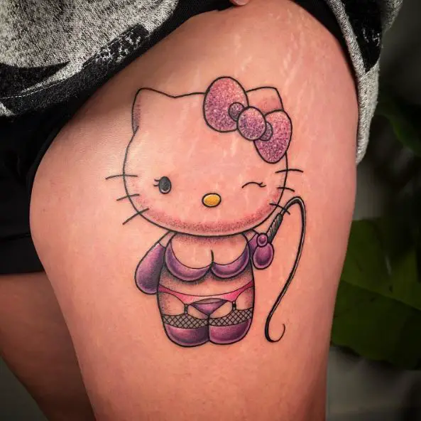 Glittering Hello Kitty with Stockings and Whip Thigh Tattoo