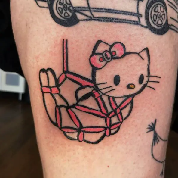 Tied Hello Kitty with Pink Stripes Thigh Tattoo