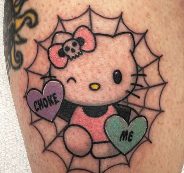 Colorful Spider Net and Hello Kitty with Skull Bow and Hearts Tattoo