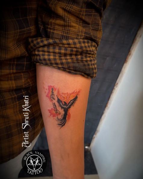 Black Ink Fiery Phoenix Tattoo