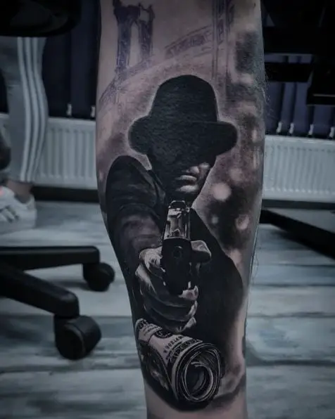 Black Ink Gangster Leg Tattoo