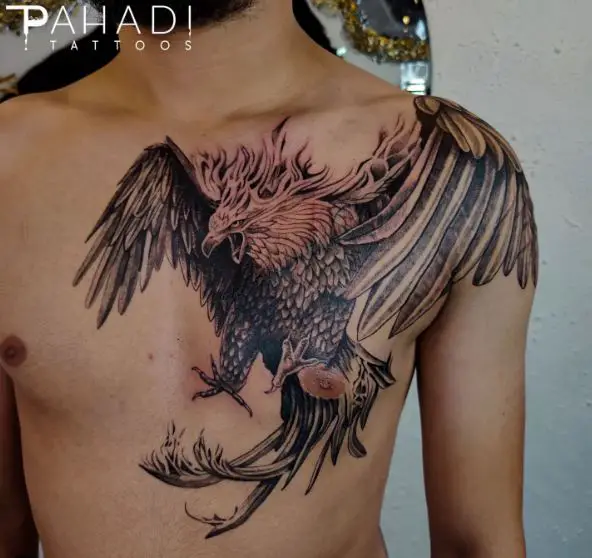 Black Ink Phoenix Shoulder to Chest Tattoo