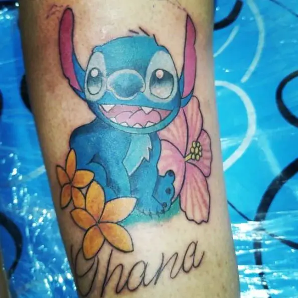 Black Ohana Text, Blue Stitch Character with Flowers Tattoo