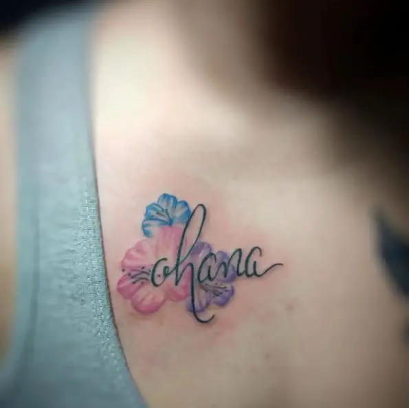 Black Ohana Text with Colorful Hibiscus Flowers Tattoo