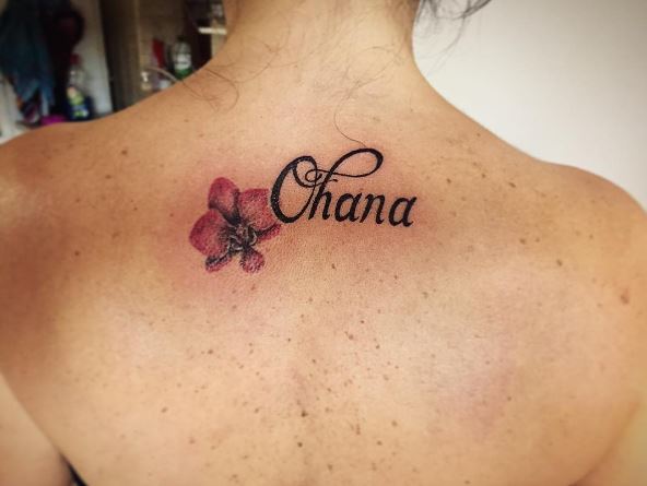 Black Ohana Text with Pink Hibiscus Flower Back Tattoo