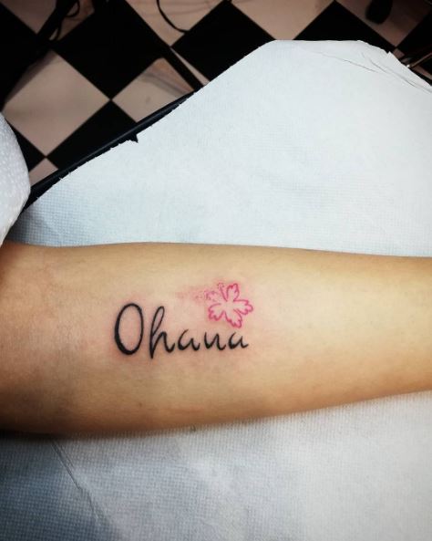 Black Ohana Text with Pink Hibiscus Flower Tattoo