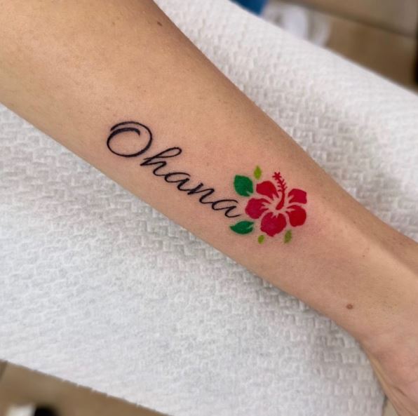 Black Ohana Text with Red Hibiscus Flower Hand Tattoo