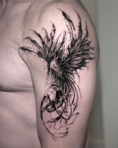 Black Scribble Style Phoenix Arm Tattoo