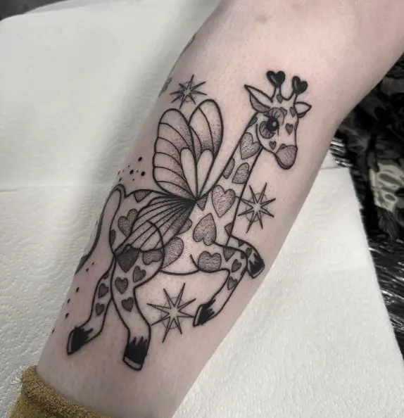 Black and Grey Giraffe Fairy Tattoo