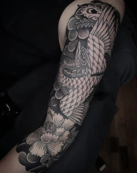 Black and Grey Japanese Phoenix Sleeve Tattoo