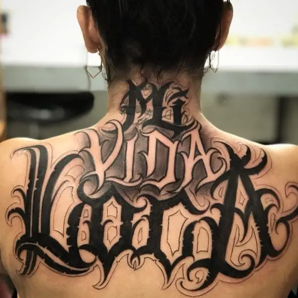 Black and Grey Mi vida loca Back Tattoo Piece