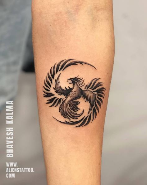 Black and Grey Phoenix Hand Tattoo