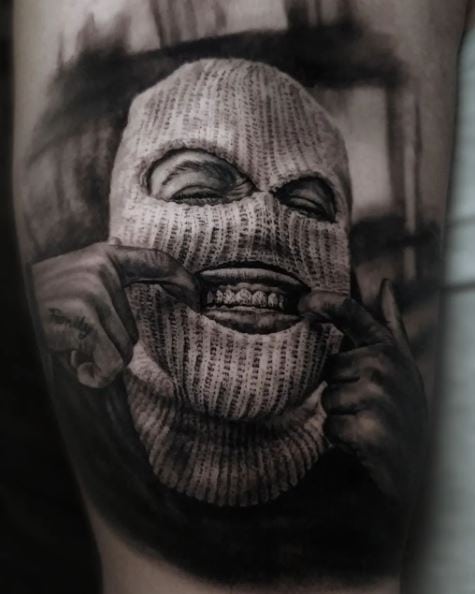 Black and Grey Realism Mask Tattoo