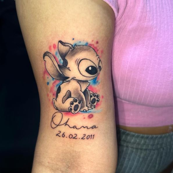Black and Grey Stitch Character with Ohana and Date Tattoo