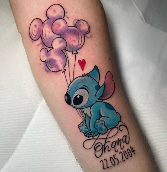 Blue Stitch with Balloons and Ohana Text and Date Tattoo