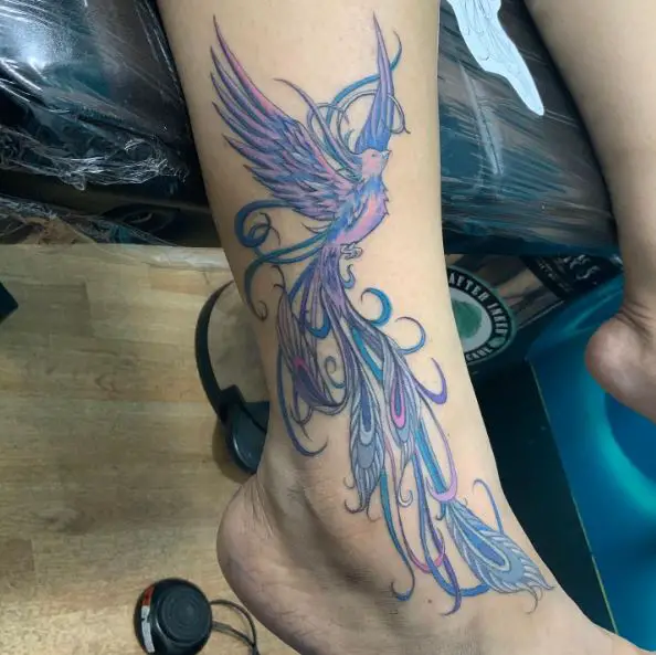 Blue and Pink Ankle Phoenix Tattoo