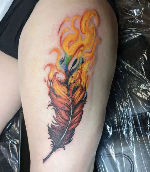 Burning Feather Thigh Tattoo
