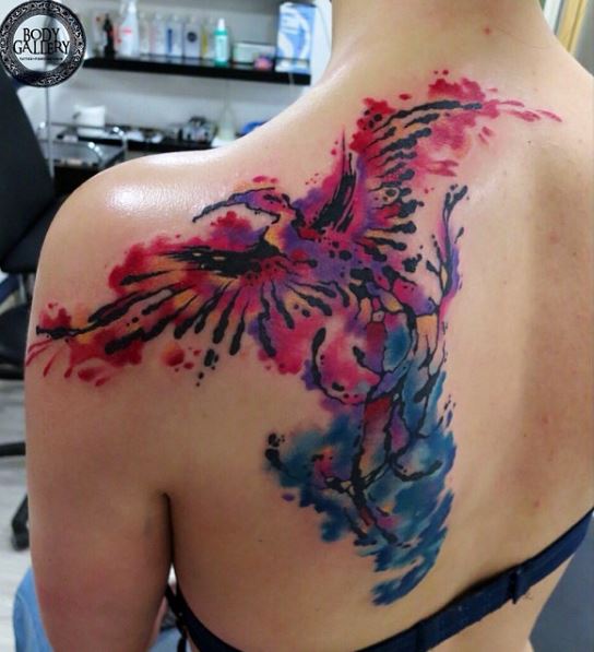 Color Splash Phoenix Bird Shoulder Tattoo