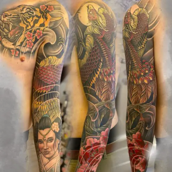 Colorful Japanese Phoenix Sleeve Tattoo