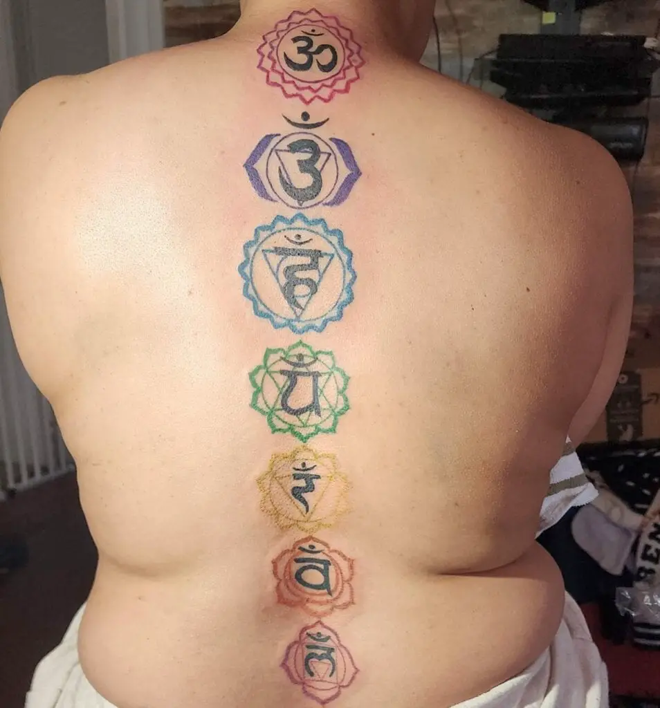 Colorful Seven Chakras Spine Tattoo
