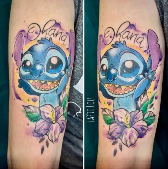 Colorful Stitch Character with Ohana Text Tattoo