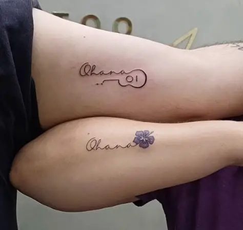 Floral Ohana and Ohana Guitar Matching Tattoo