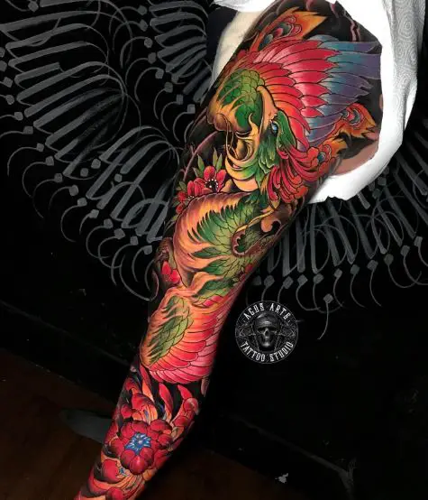 Full Leg Japanese Phoenix Tattoo