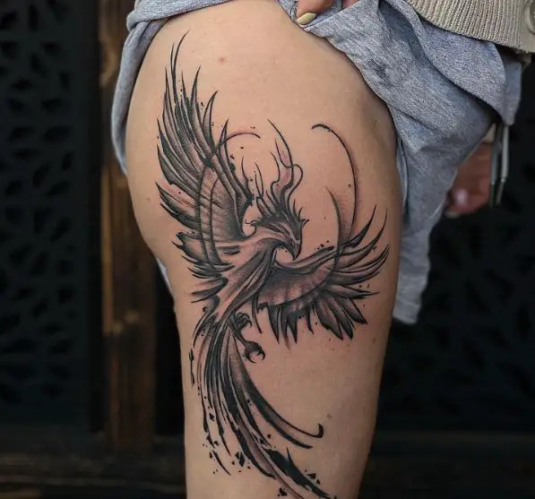 Greyscale Phoenix Sketch Style Thigh Tattoo