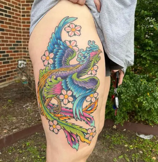 Japanese Phoenix Thigh Tattoo