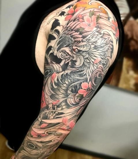 Japanese Phoenix with Florals Sleeve Tattoo