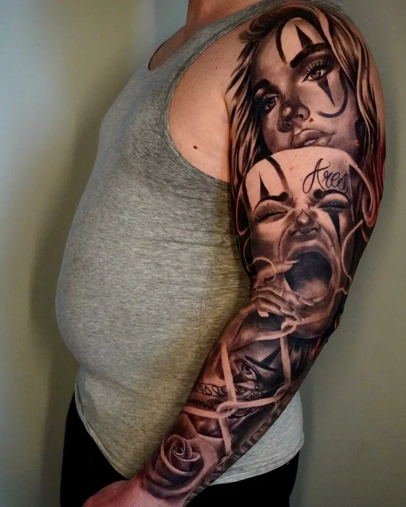 Laugh Now Cry Later Chicano Full Sleeve Arm Tattoo