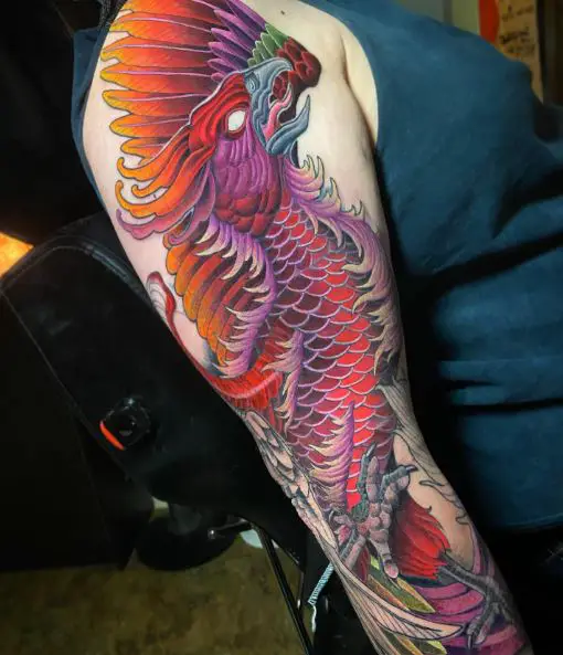 Multicolored Japanese Phoenix Sleeve Tattoo