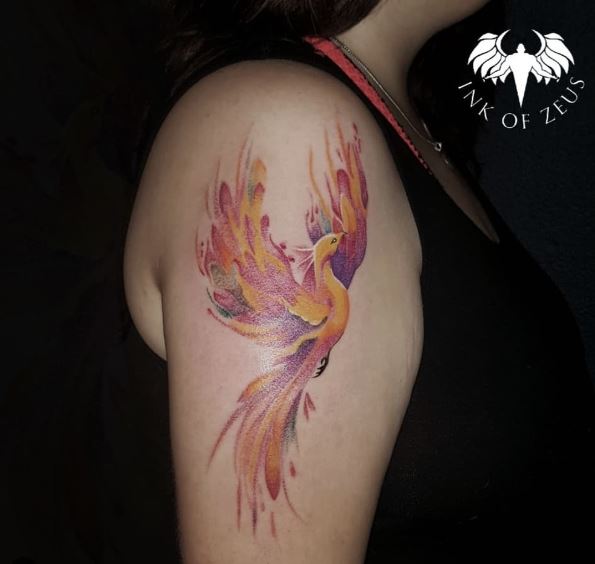 Multicolored Phoenix Bird Arm Tattoo