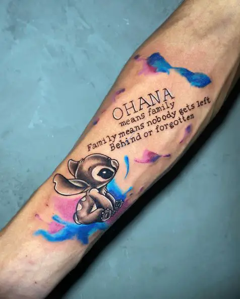 Ohana Meaning and Stitch Color Splash Tattoo Piece