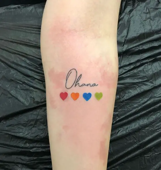 Ohana Text with Colorful Hearts Tattoo Piece