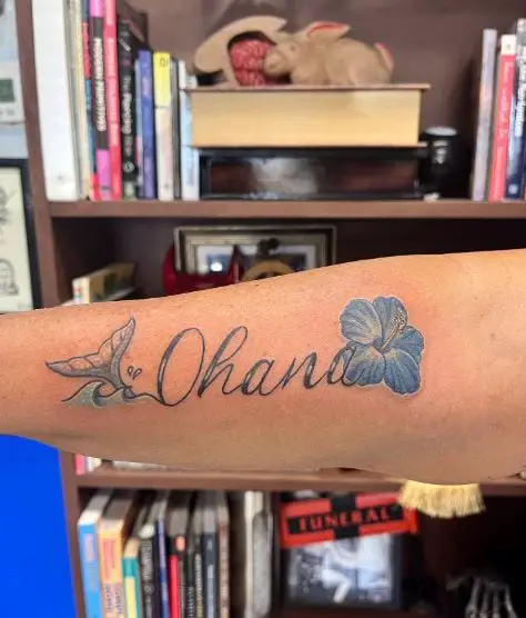 Ohana Text with Flower and Shark Tattoo