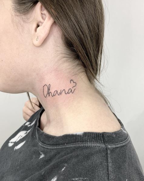 Ohana Text with Heart Neck Tattoo