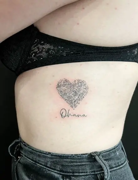 Ohana Text with Heart Shaped Finger Print Rib Tattoo