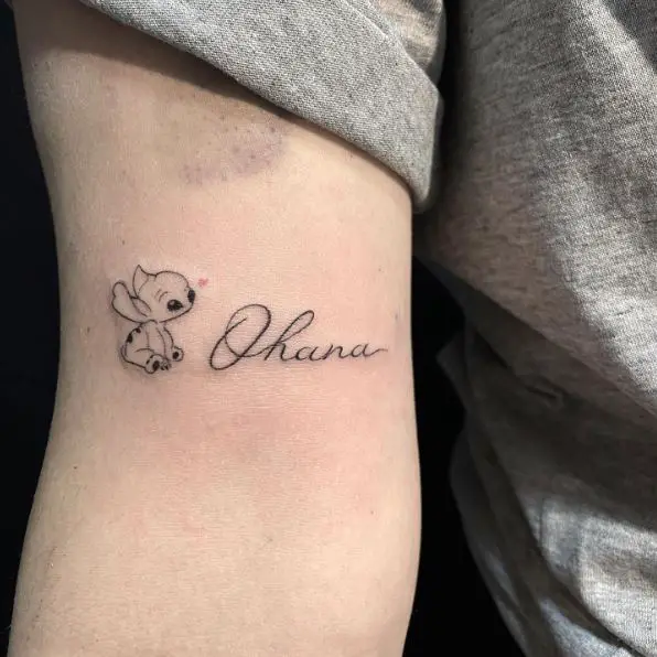 Ohana Text with Stitch Tattoo