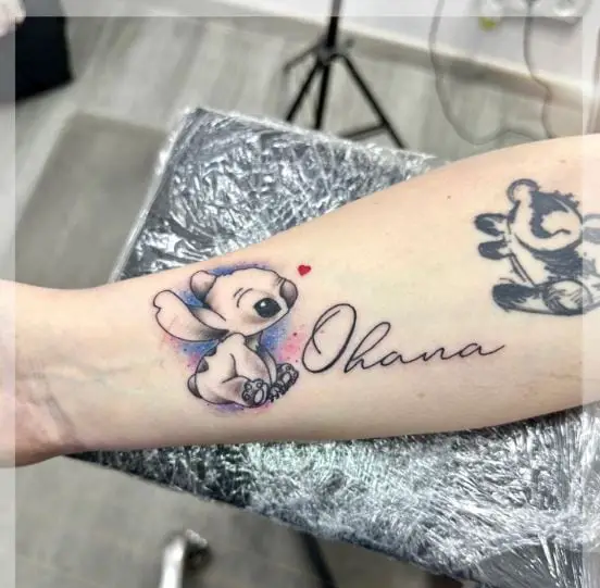 Ohana Text with Tiny Red Heart Tattoo