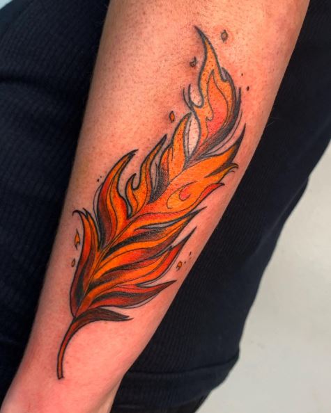 Orange Colored Phoenix Feather Tattoo